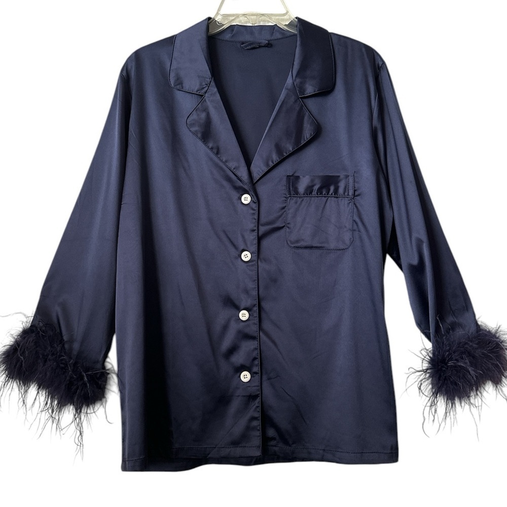Dark Blue Satin Button Down With Feathers PJ Top Sleepwear Medium Brand New